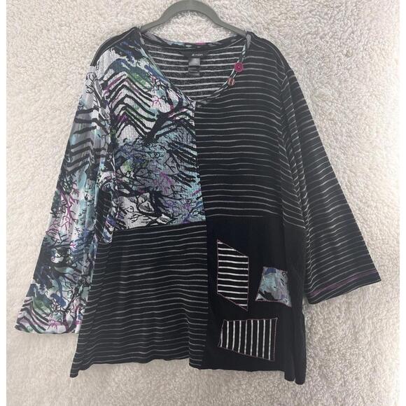 Ali Miles Tops - Ali Miles Women's 1X Textured Patchwork 3/4 Sleeve Top Asymmetric Hem Multicolor